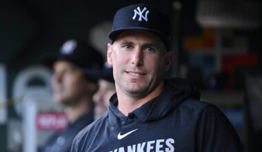 Aug 15, 2025; St. Louis, Missouri, USA;  New York Yankees first baseman Paul Goldschmidt (48) looks on from the dugout before a game against the St. Louis Cardinals at Busch Stadium. Mandatory Credit: Jeff Curry-Imagn Images
