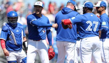 Mar 21, 2025; Dunedin, Florida, USA; Toronto Blue Jays pitcher Jose Berríos (17) leaves the game against the Philadelphia Phillies in the sixth inning during spring training at TD Ballpark. Mandatory Credit: Nathan Ray Seebeck-Imagn Images
