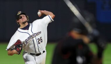 Akron RubberDucks relief pitcher Matt Turner throws against the Richmond Flying Squirrels during the fifth inning of a Minor League Baseball game at Canal Park, Thursday, July 20, 2023, in Akron, Ohio.