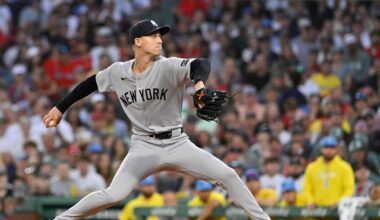 Sep 13, 2025; Boston, Massachusetts, USA; New York Yankees relief pitcher Luke Weaver (30) pitches against the Boston Red Sox during sixth inning  at Fenway Park. Mandatory Credit: Eric Canha-Imagn Images