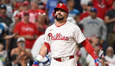Oct 6, 2025; Philadelphia, Pennsylvania, USA; Philadelphia Phillies designated hitter Kyle Schwarber (12) reacts to striking out against the Los Angeles Dodgers in the eighth inning during game two of the NLDS round for the 2025 MLB playoffs at Citizens Bank Park. Mandatory Credit: Eric Hartline-Imagn Images