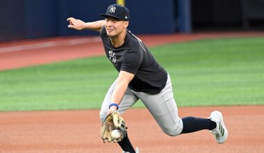 Oct 3, 2025; Toronto, Ontario, Canada; New York Yankees shortstop Anthony Volpe (11) fields the ball during workouts at Rogers Centre. Mandatory Credit: Dan Hamilton-Imagn Images