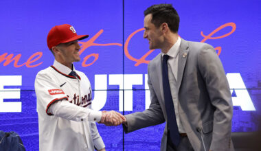Nov 17, 2025; Washington, District of Columbia, USA;  Washington Nationals manager Blake Butera (L) shakes hands with Nationals general manager and president of baseball operations Paul Toboni (R) at an introductory press conference at Nationals Park. Mandatory Credit: Geoff Burke-Imagn Images