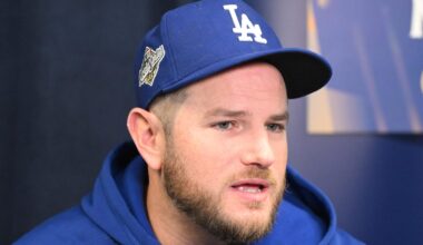 Oct 23, 2025; Toronto, ON, Canada;  Los Angeles Dodgers third baseman Max Muncy (13) speaks to the media during media day and team workouts at Rogers Centre. Mandatory Credit: Dan Hamilton-Imagn Images