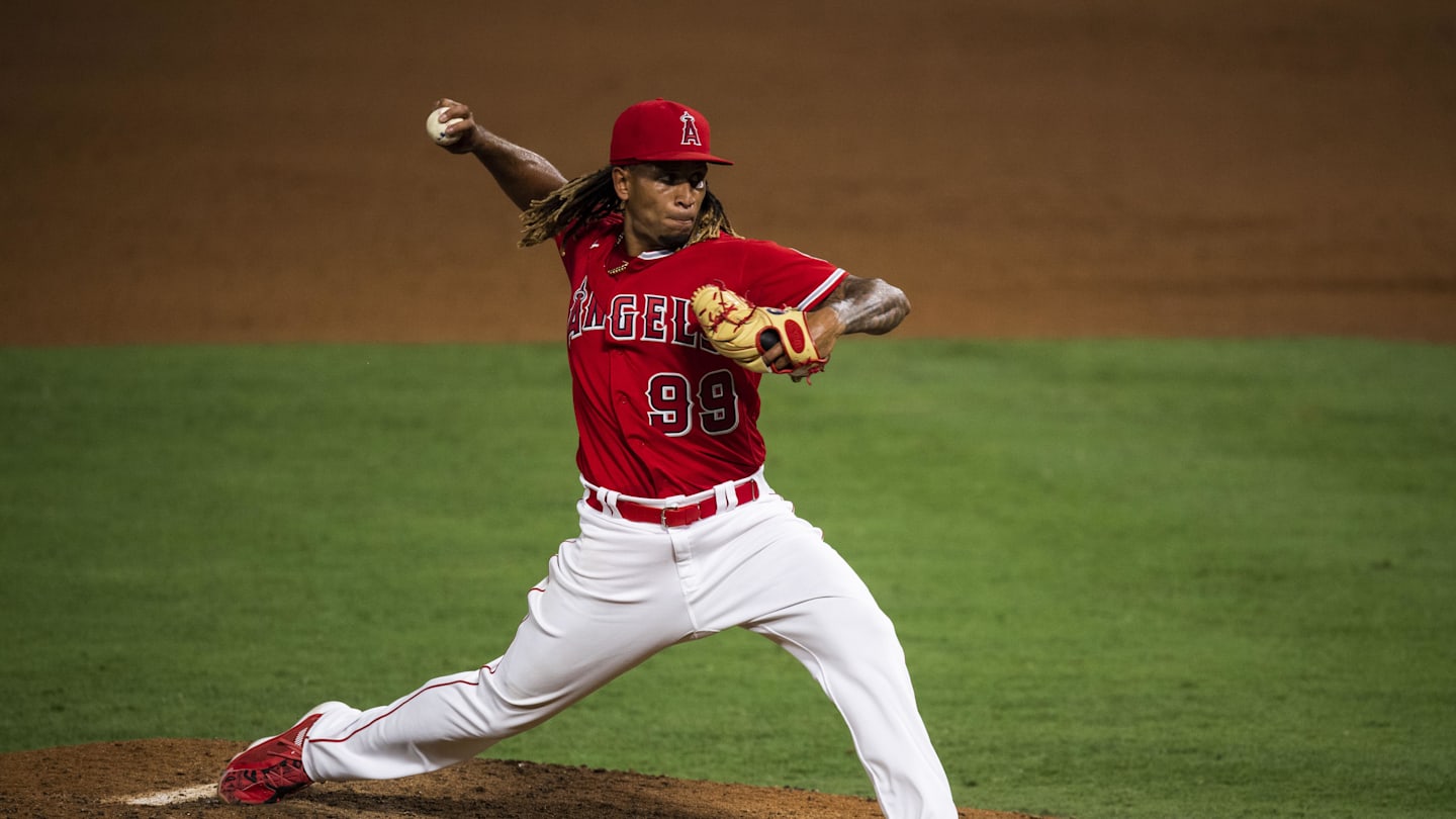 Jul 31, 2020; Anaheim, California, USA; Los Angeles Angels relief pitcher Keynan Middleton (99) delivers a pitch against the Houston Astros during the game at Angel Stadium. Mandatory Credit: Angels Baseball/Pool Photo via USA TODAY Network