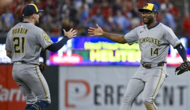 Sep 20, 2025; St. Louis, Missouri, USA; Milwaukee Brewers first baseman Andruw Monasterio (14) celebrates with third baseman Caleb Durbin (21) after the Brewers defeated the St. Louis Cardinals at Busch Stadium. Mandatory Credit: Jeff Curry-Imagn Images