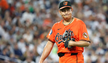 Sep 20, 2025; Baltimore, Maryland, USA; Baltimore Orioles pitcher Tomoyuki Sugano (19) looks on during the first inning against the New York Yankees at Oriole Park at Camden Yards. Mandatory Credit: Daniel Kucin Jr.-Imagn Images