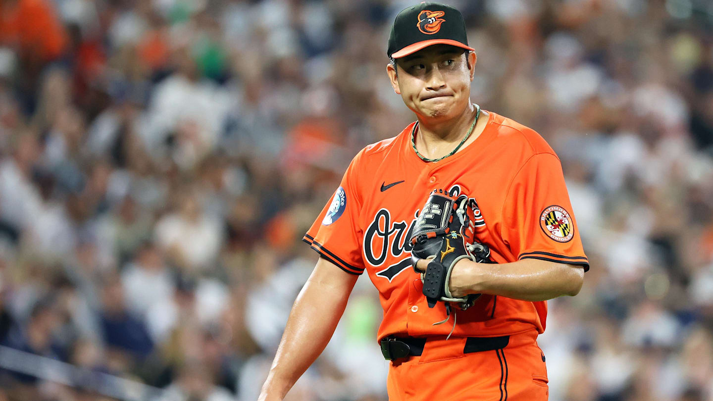 Sep 20, 2025; Baltimore, Maryland, USA; Baltimore Orioles pitcher Tomoyuki Sugano (19) looks on during the first inning against the New York Yankees at Oriole Park at Camden Yards. Mandatory Credit: Daniel Kucin Jr.-Imagn Images