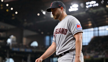 Jul 14, 2023: Cleveland Guardians starting pitcher Aaron Civale (43) walks off the field after pitching against the Texas Rangers during the fourth inning at Globe Life Field.