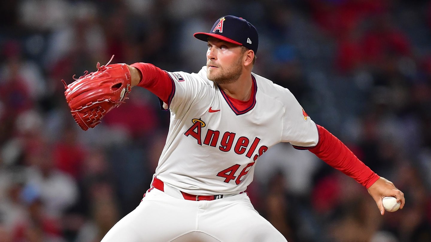 Los Angeles Angels pitcher Reid Detmers (48) throws