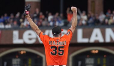 Sep 12, 2025; San Francisco, California, USA; San Francisco Giants starting pitcher Justin Verlander (35) reacts after a defensive play against the Los Angeles Dodgers during the fourth inning at Oracle Park. Mandatory Credit: Darren Yamashita-Imagn Images