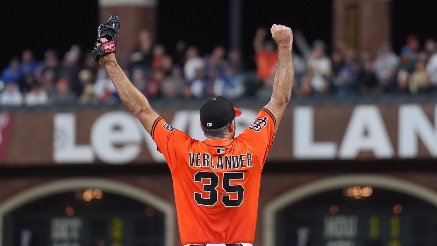 Sep 12, 2025; San Francisco, California, USA; San Francisco Giants starting pitcher Justin Verlander (35) reacts after a defensive play against the Los Angeles Dodgers during the fourth inning at Oracle Park. Mandatory Credit: Darren Yamashita-Imagn Images