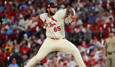 Jul 26, 2025; St. Louis, Missouri, USA;  St. Louis Cardinals pitcher Andre Granillo (65) pitches in relief against the San Diego Padres in the ninth inning at Busch Stadium. Mandatory Credit: Tim Vizer-Imagn Images