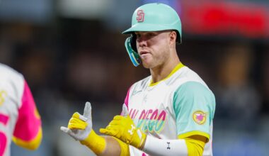 San Diego Padres left fielder Gavin Sheets (30) celebrates after hitting a single.