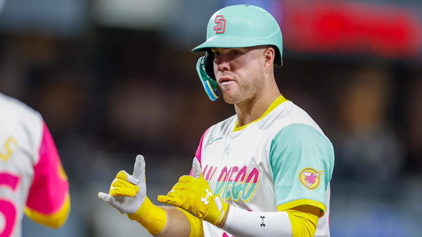 San Diego Padres left fielder Gavin Sheets (30) celebrates after hitting a single.