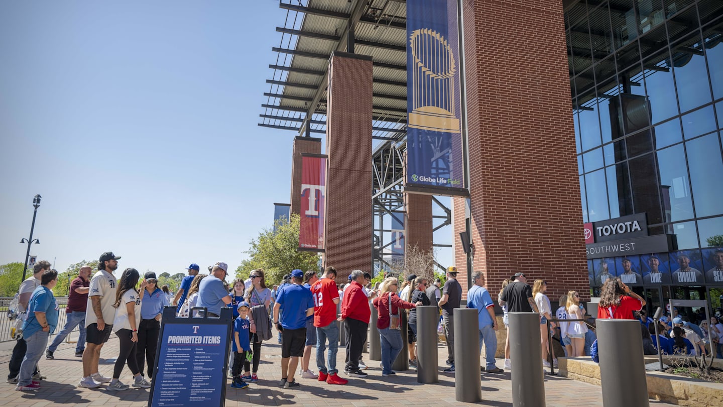Mar 28, 2024; Arlington, Texas, USA; A view of the fans and the southwest gate entrance before the game between the Texas Rangers and the Chicago Cubs at Globe Life Field. Mandatory Credit: Jerome Miron-Imagn Images