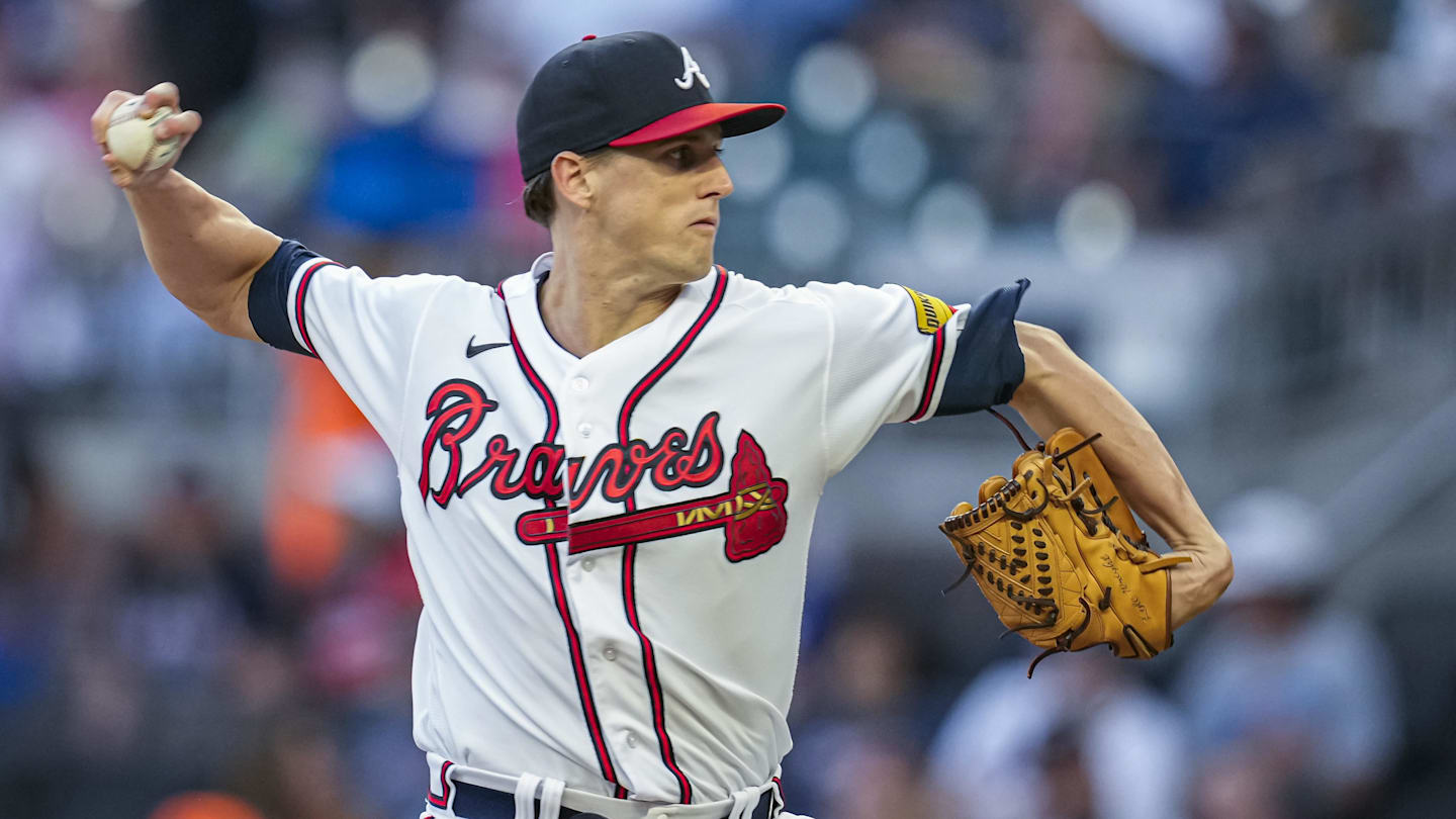 Sep 18, 2023; Cumberland, Georgia, USA; Atlanta Braves starting pitcher Kyle Wright (30) pitches against the Philadelphia Phillies during the first inning at Truist Park. Mandatory Credit: Dale Zanine-Imagn Images