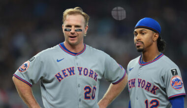 Sep 28, 2025; Miami, Florida, USA; New York Mets first baseman Pete Alonso (20) reacts while standing next to shortstop Francisco Lindor (12) after his at bat against the Miami Marlins during the fifth inning at loanDepot Park. Mandatory Credit: Sam Navarro-Imagn Images