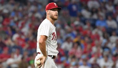 Jun 30, 2025; Philadelphia, Pennsylvania, USA; Philadelphia Phillies pitcher Zack Wheeler (45) watches a fly ball during the eighth inning against the San Diego Padres at Citizens Bank Park.