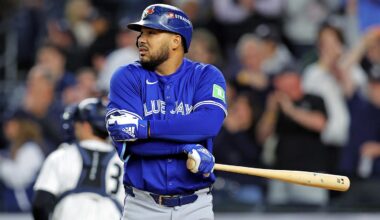 Oct 8, 2025; Bronx, New York, USA; Toronto Blue Jays right fielder Anthony Santander (25) reacts to striking out to end the fourth inning against the New York Yankees during game four of the ALDS round for the 2025 MLB playoffs at Yankee Stadium. Mandatory Credit: Brad Penner-Imagn Images