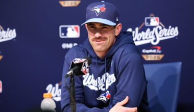 Oct 28, 2025: Toronto Blue Jays pitcher Shane Bieber (57) speaks at the postgame press conference after the game against the Los Angeles Dodgers during game four of the 2025 MLB World Series at Dodger Stadium.