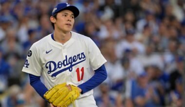 Oct 16, 2025; Los Angeles, California, USA; Los Angeles Dodgers pitcher Roki Sasaki (11) on the mound in the ninth inning of game three of the NLCS during the 2025 MLB playoffs against the Milwaukee Brewers at Dodger Stadium. Mandatory Credit: Jayne Kamin-Oncea-Imagn Images