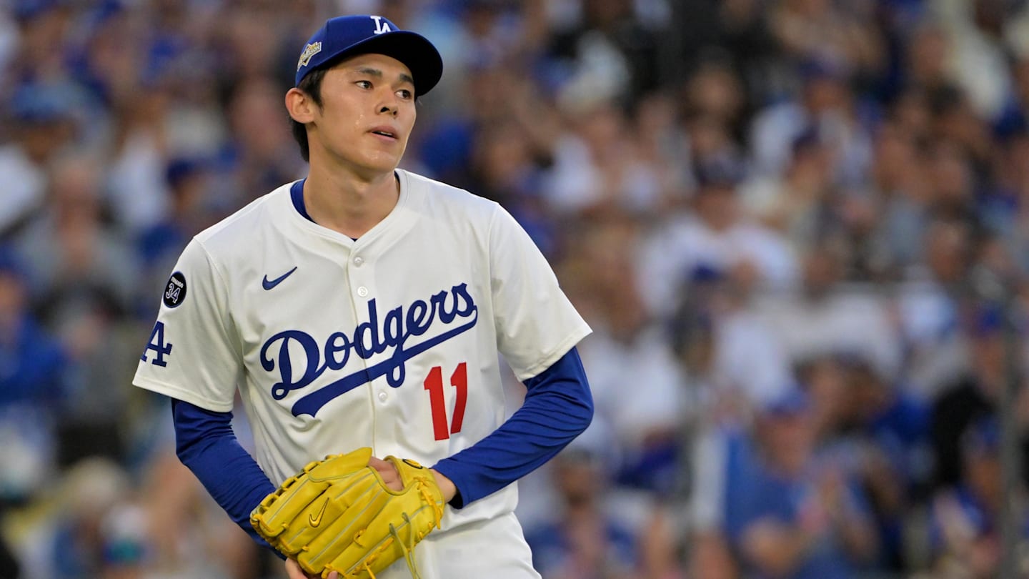 Oct 16, 2025; Los Angeles, California, USA; Los Angeles Dodgers pitcher Roki Sasaki (11) on the mound in the ninth inning of game three of the NLCS during the 2025 MLB playoffs against the Milwaukee Brewers at Dodger Stadium. Mandatory Credit: Jayne Kamin-Oncea-Imagn Images