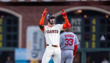 Sep 24, 2025; San Francisco, California, USA; San Francisco Giants first baseman Bryce Eldridge (78) celebrates on second base after hitting a double against the St. Louis Cardinals during the third inning at Oracle Park. Mandatory Credit: Neville E. Guard-Imagn Images