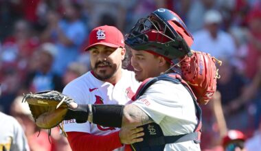 Aug 28, 2025; St. Louis, Missouri, USA; St. Louis Cardinals pitcher JoJo Romero (59) and catcher Yohel Pozo (63) hug after the St. Louis Cardinals defeated the Pittsburgh Pirates at Busch Stadium. Mandatory Credit: Tim Vizer-Imagn Images