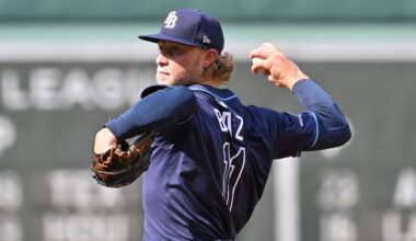 Jul 12, 2025; Boston, Massachusetts, USA;  Tampa Bay Rays starting pitcher Shane Baz (11) pitches against the Boston Red Sox during the first inning at Fenway Park. Mandatory Credit: Eric Canha-Imagn Images