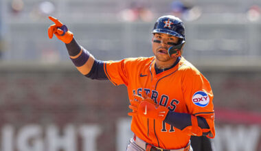 Sep 14, 2025; Cumberland, Georgia, USA; Houston Astros right fielder Cam Smith (11) reacts after hitting a home run against the Atlanta Braves during the sixth inning at Truist Park. Mandatory Credit: Dale Zanine-Imagn Images
