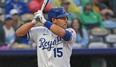May 7, 2025; Kansas City, Missouri, USA;  Kansas City Royals catcher Luke Maile (15) at bat in the third inning against the Chicago White Sox at Kauffman Stadium. Mandatory Credit: Peter Aiken-Imagn Images