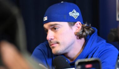 Oct 23, 2025; Toronto, ON, Canada;  Los Angeles Dodgers first baseman Kike Hernandez (8) speaks to the media during media day and team workouts at Rogers Centre. Mandatory Credit: Dan Hamilton-Imagn Images