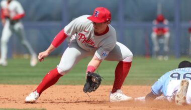 Feb 25, 2025; Port Charlotte, Florida, USA;  Tampa Bay Rays outfielder Chandler Simpson (96) slides safely into second base against Philadelphia Phillies infielder Aidan Miller (81) at Charlotte Sports Park.