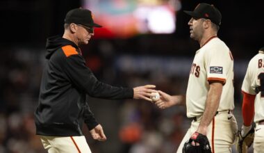 Sep 22, 2025; San Francisco, California, USA; San Francisco Giants manager Bob Melvin (2) takes the ball from starting pitcher Justin Verlander (35) during a pitching change in the fifth inning against the St. Louis Cardinals at Oracle Park. Mandatory Credit: D. Ross Cameron-Imagn Images