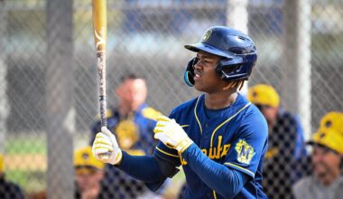 Milwaukee Brewers shortstop prospect Jesus Made prepares to hit during spring training on February 17, 2025, at American Family Fields of Phoenix in Phoenix, Arizona.