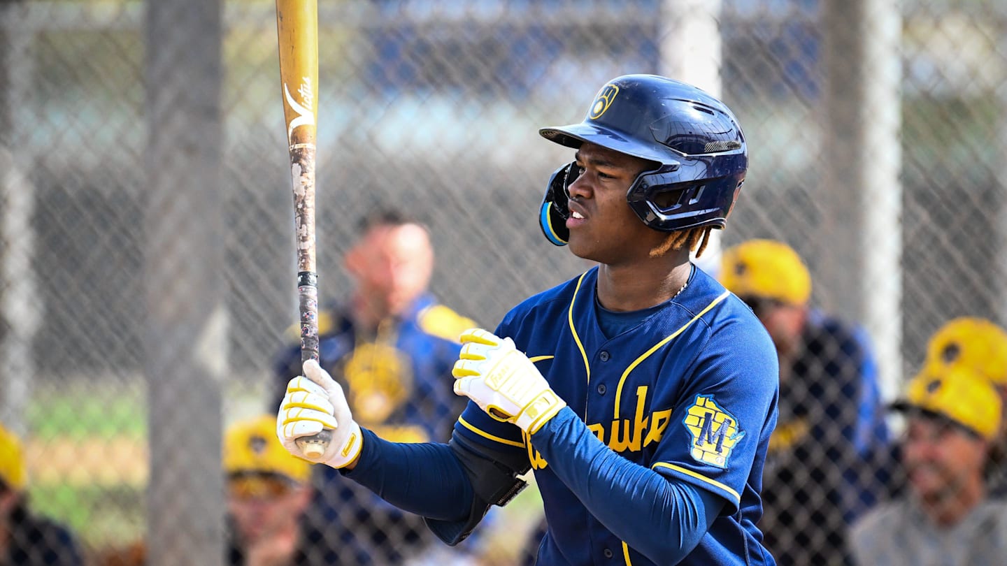 Milwaukee Brewers shortstop prospect Jesus Made prepares to hit during spring training on February 17, 2025, at American Family Fields of Phoenix in Phoenix, Arizona.