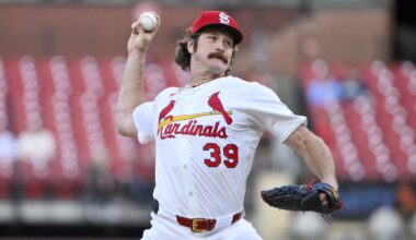 Sep 2, 2025; St. Louis, Missouri, USA; St. Louis Cardinals starting pitcher Miles Mikolas (39) pitches against the Athletics during the first inning at Busch Stadium. Mandatory Credit: Jeff Curry-Imagn Images