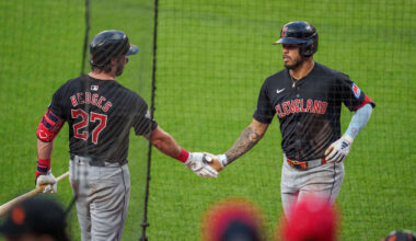 Jun 26, 2024; Baltimore, Maryland, USA; Cleveland Guardians third base Gabriel Arias (13) celebrates with catcher Austin Hedges (27) after hitting a home run during the fifth inning against the Baltimore Orioles at Oriole Park at Camden Yards. Mandatory Credit: Reggie Hildred-Imagn Images