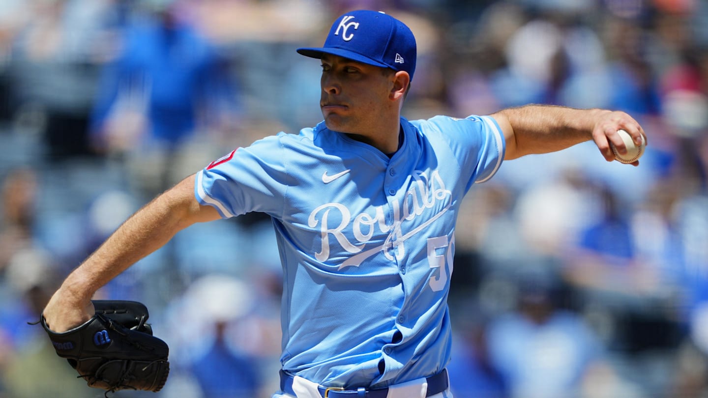 May 8, 2025; Kansas City, Missouri, USA; Kansas City Royals starting pitcher Kris Bubic (50) pitches during the first inning against the Chicago White Sox at Kauffman Stadium. Mandatory Credit: Jay Biggerstaff-Imagn Images