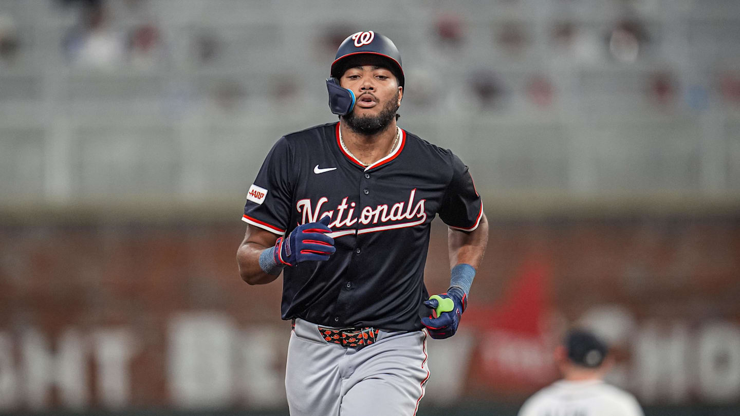 Sep 23, 2025; Cumberland, Georgia, USA; Washington Nationals left fielder James Wood (29) runs the bases after hitting a home run against the Atlanta Braves during the eighth inning at Truist Park. Mandatory Credit: Dale Zanine-Imagn Images