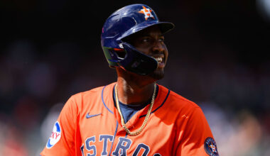 Sep 28, 2025; Anaheim, California, USA; Houston Astros designated hitter Jesus Sanchez (4) looks on after being picked off at first during the fifth inning against the Los Angeles Angels at Angel Stadium. Mandatory Credit: William Liang-Imagn Images