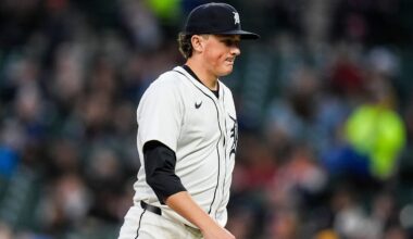 Detroit Tigers pitcher Reese Olson (45) walks off the filed after pitching the fifth inning against Kansas City Royals at Comerica Park in Detroit on Thursday, April 17, 2025.