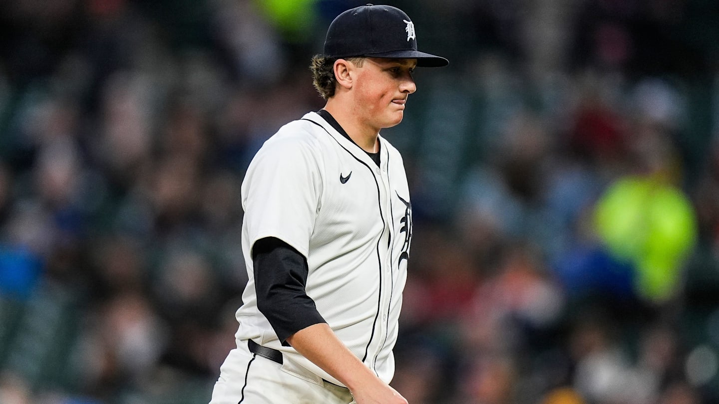 Detroit Tigers pitcher Reese Olson (45) walks off the filed after pitching the fifth inning against Kansas City Royals at Comerica Park in Detroit on Thursday, April 17, 2025.