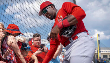 St. Louis Cardinals Jordan Walker signs autographs before ball before spring training game against the Washington at the Ballpark of the Palm Beaches in West Palm Beach, Florida on March 4, 2023.