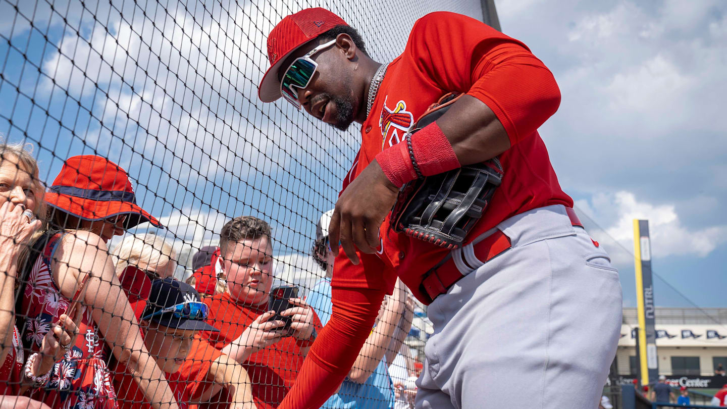 St. Louis Cardinals Jordan Walker signs autographs before ball before spring training game against the Washington at the Ballpark of the Palm Beaches in West Palm Beach, Florida on March 4, 2023.