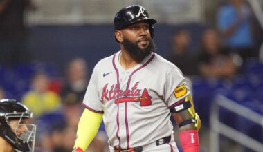 Aug 25, 2025; Miami, Florida, USA;  Atlanta Braves designated hitter Marcell Ozuna (20) strikes out looking in the ninth inning against the Miami Marlins at loanDepot Park. Mandatory Credit: Jim Rassol-Imagn Images