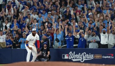 Nov 1, 2025; Toronto, Ontario, CAN; Toronto Blue Jays first baseman Vladimir Guerrero Jr. (27) reacts after a play against the Los Angeles Dodgers in the fourth inning for game seven of the 2025 MLB World Series at Rogers Centre. Mandatory Credit: Nick Turchiaro-Imagn Images