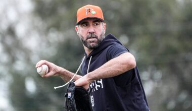 Detroit Tigers pitcher Justin Verlander practices during spring training at TigerTown in Lakeland, Fla. on Wednesday, Feb. 11, 2026.