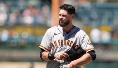 Aug 7, 2022; Oakland, California, USA; San Francisco Giants first baseman Brandon Belt (9) during the fifth inning against the Oakland Athletics at RingCentral Coliseum. Mandatory Credit: Darren Yamashita-Imagn Images